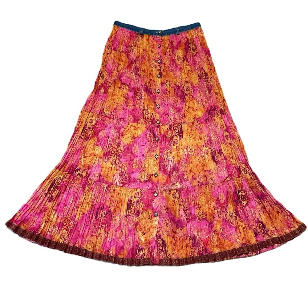 Vintage 90s Denim Floral Tiered Broomstick Maxi Cotton Pink Orange Women's Skirt